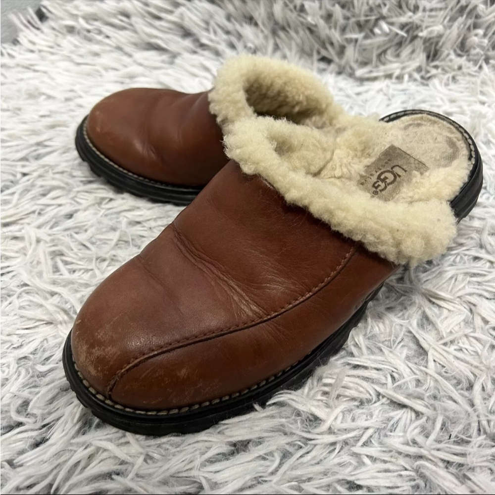 UGG Australia Womens 6 Platform Mules Brown Leather‎ Slip On Shearling Clog
